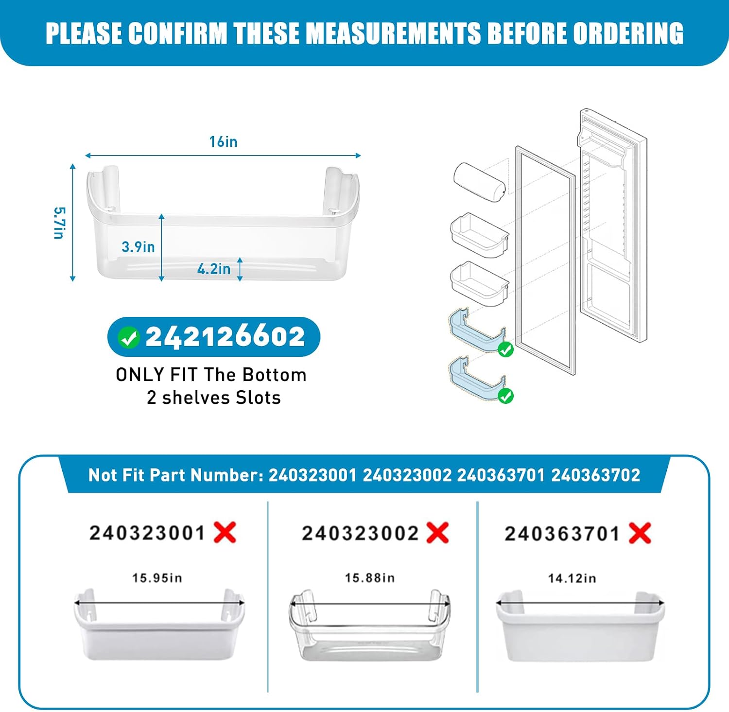 [UPGRADED] 2 Pack 242126602 Refrigerator Door Bin Shelf Replacement For Frigidaire Electrolux Refrigerator Bottom Side Shelf Rack Parts PS12364199 AP6278233 FFSS2625TS0 FFSS2615TS0 LFSS2612TF0