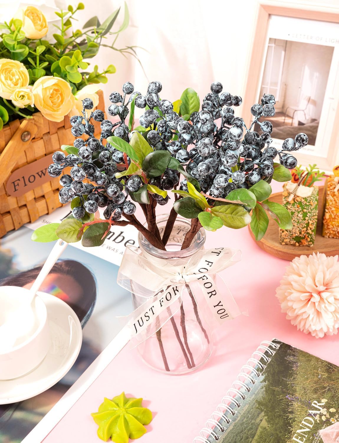 6Pcs Artificial Fake Blueberries Blueberry Stems for Home Party Decorations