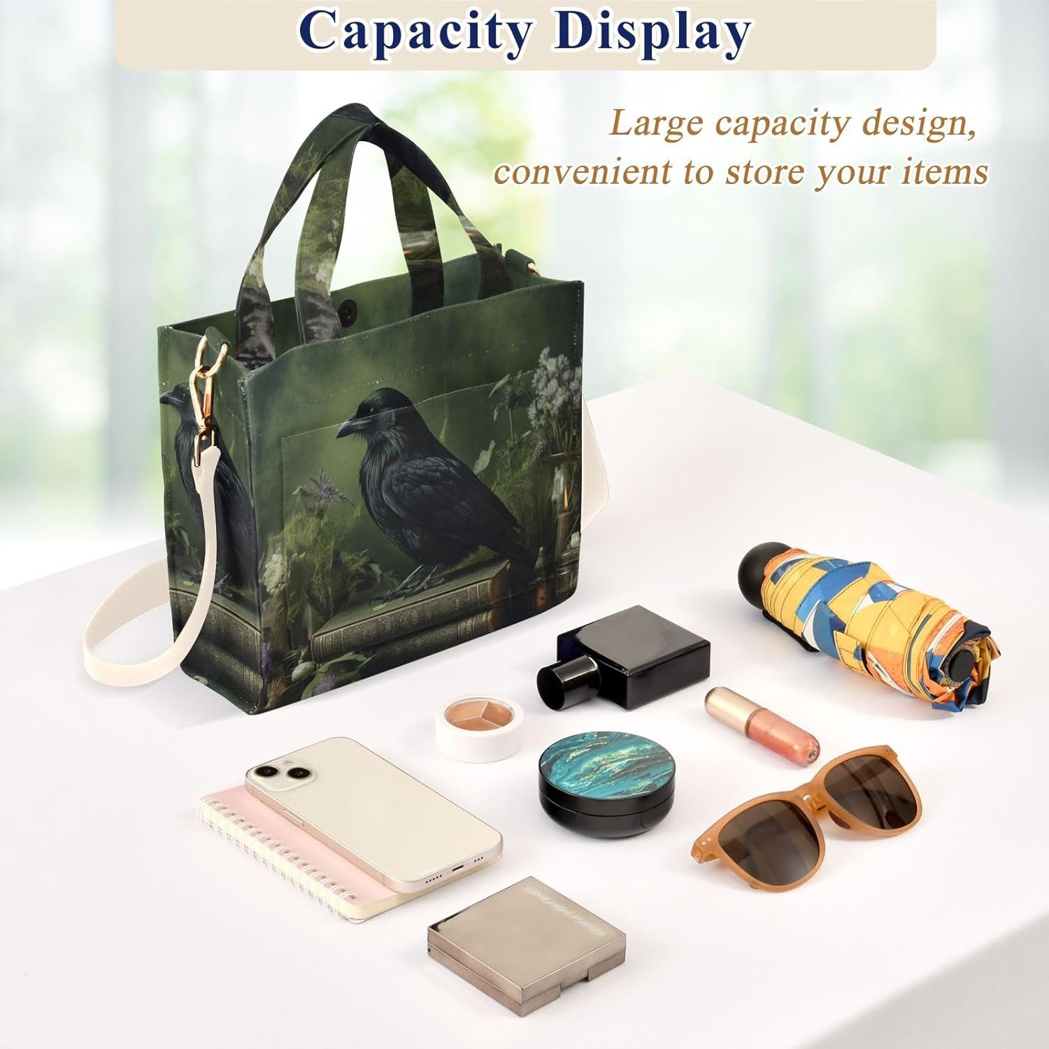 Raven Book Flower Corduroy Women Tote Bag, Handbag Purse with Detachable Strap Small Size