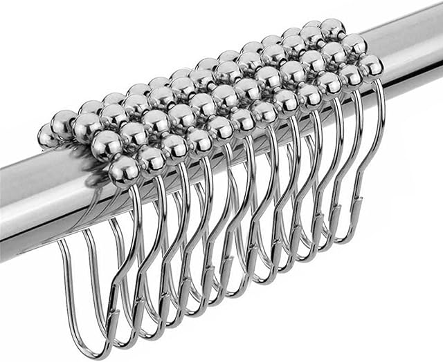 12pcs Shower Curtain Hooks Chrome Stainless Steel Metal Rust Free Curtain Hanging Rings Roller Balls for Bathroom Shower Window Rod (Silver)