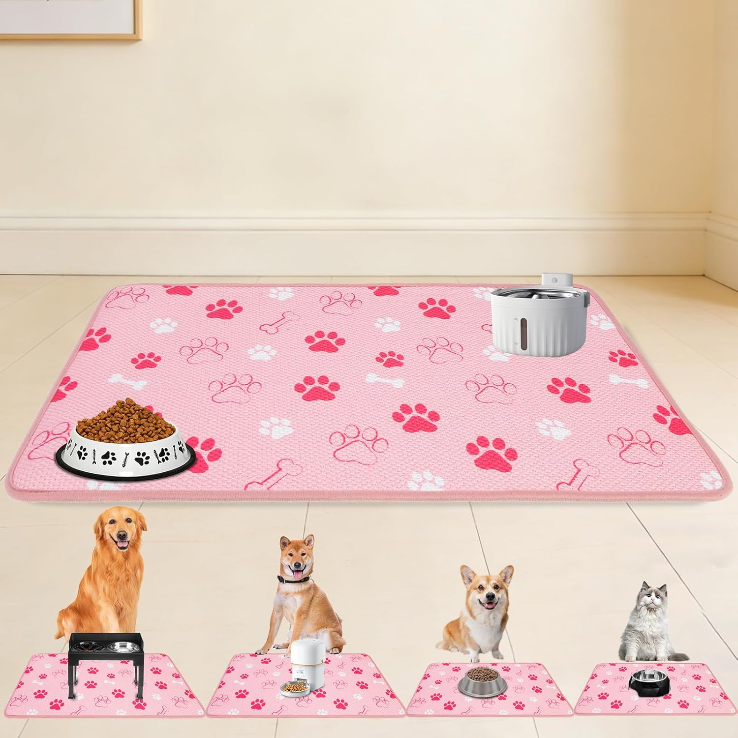 PUPTECK Dog Food Mat, Absorbent Pet Cat Feeding Mat for Food and Water Bowls, Anti-Slip Dog Placemat for Floors Waterproof, Pet Supplies Accessories, Khaki L
