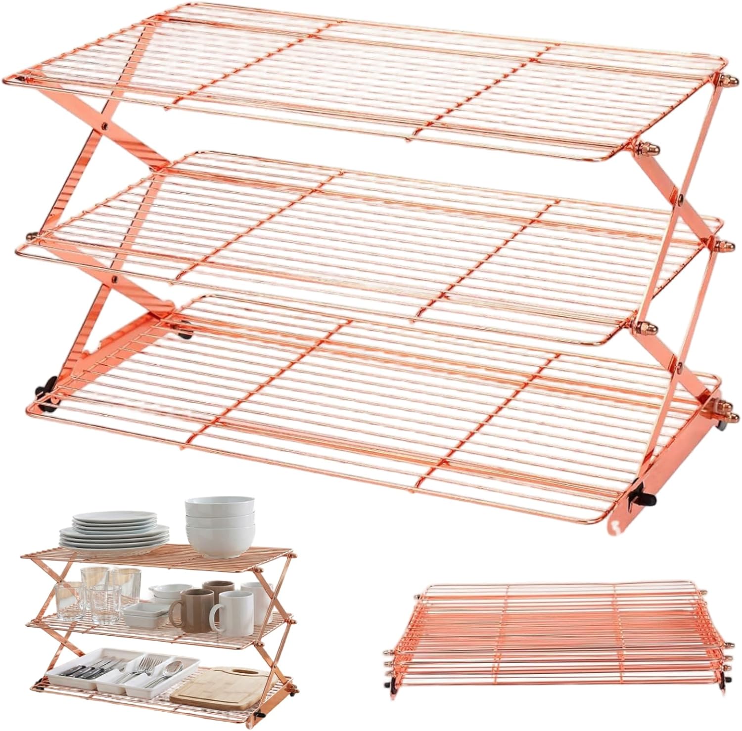 Collapsible Cooling Rack 3-Tire Non-Stick Wire Metal Cookie Rack for Pizza Cake Grill Heavy Duty Non-Stick for Cooking and B