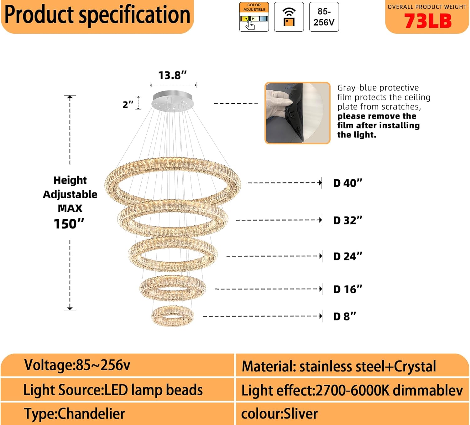 Large Ring Chandelier for High Ceiling Staircase Modern Luxury Crystal Chandelier Lighting LED 5 Ring Chandeliers,Silver D8''+15.7"+23.6"+31.5"+39.4"