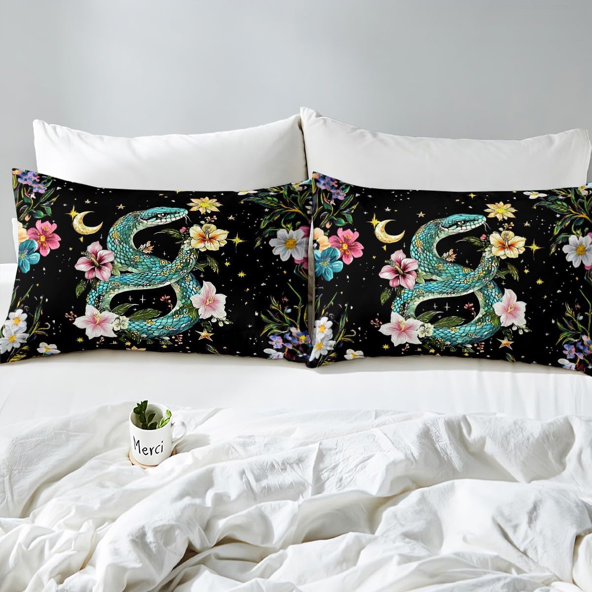 Boho Snake Fitted Sheet Queen Size Tropical Blooming Flowers Bedding Set for Kids Boys Girls Teens Coiled Snake Wildlife Bed Sheet Set Galaxy Star Sky Bed Cover Room Decor,No Top Sheet