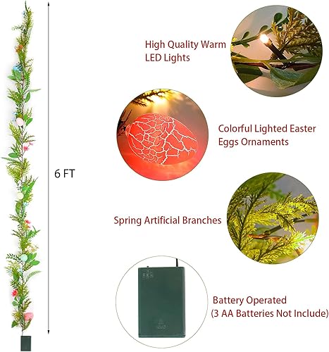 Miniatura 2 de CCINEE Guirnalda de Pascua iluminada de 6 pies, 20 luces LED, guirnaldas artificiales con huevo de Pascua y flores rosadas, ramas sintéticas para