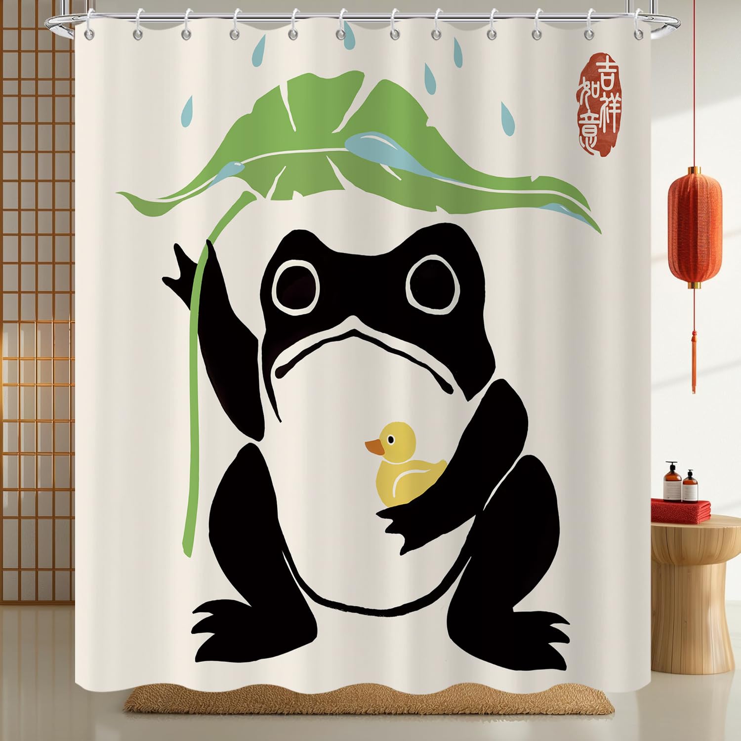 GCIREC Shower Curtain, 180x200cm, Funny Frog Cute Lotus Leaf Asian Japanese Art Waterproof Fabric Machine Washable Bathroom Curtain with Hooks