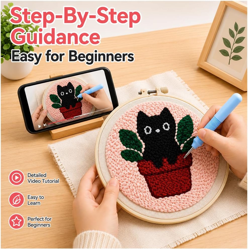 Punch Needle Kit for Beginners Adults Plant Cat, with Embroidery Hoop | Printed Pattern Fabric,Beginner Friendly,Includes Video Tutorials,Complete DIY Kit,Relaxing Handmade Craft,Great Gift Idea