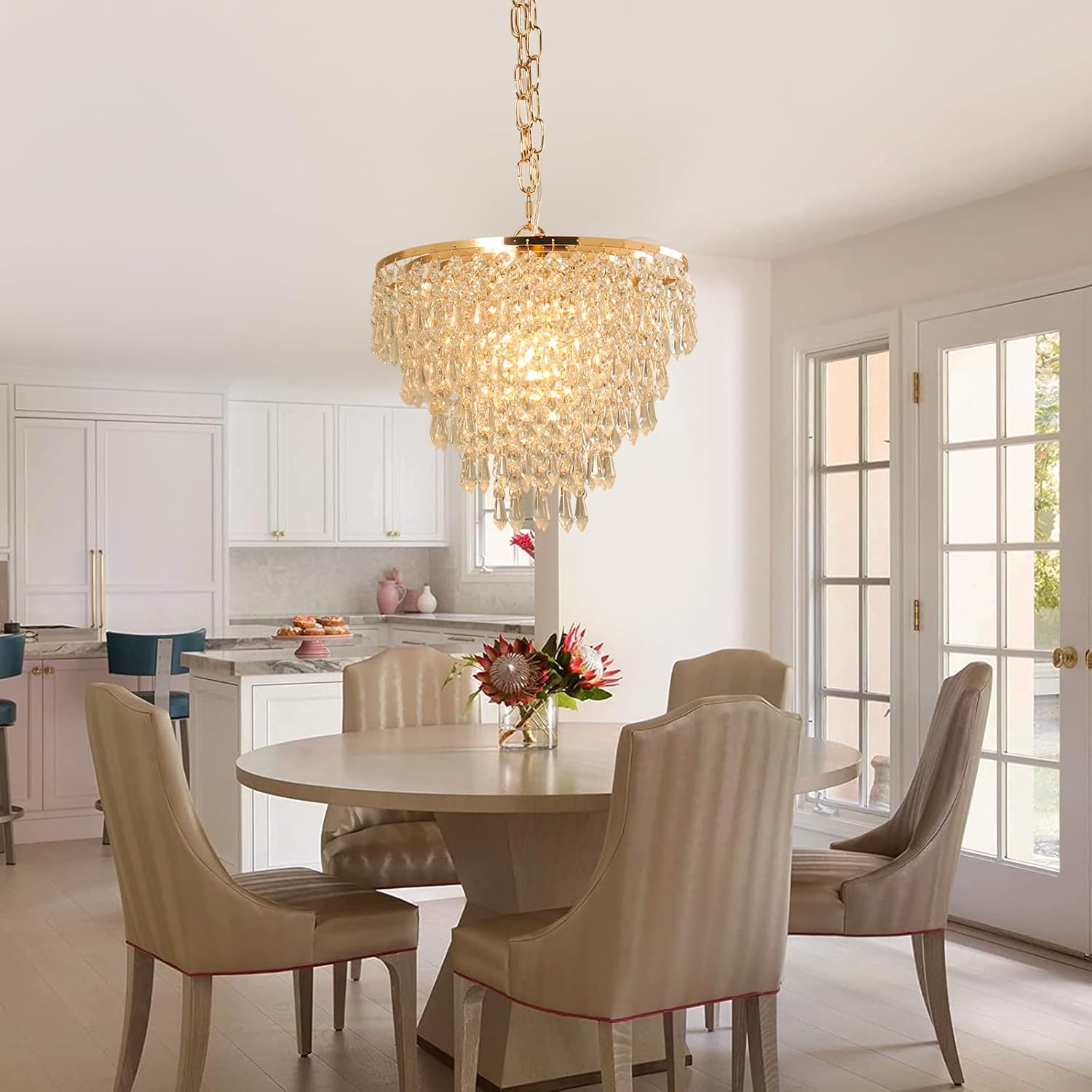FRIXCHUR 11.8'' Crystal Chandelier Gold Crystal Ceiling Light Led Flush Mount Crystal Ceiling Pendant Light Metal LED Crystal Pendant Light for Bedroom Living Room Foyer 2-Gold