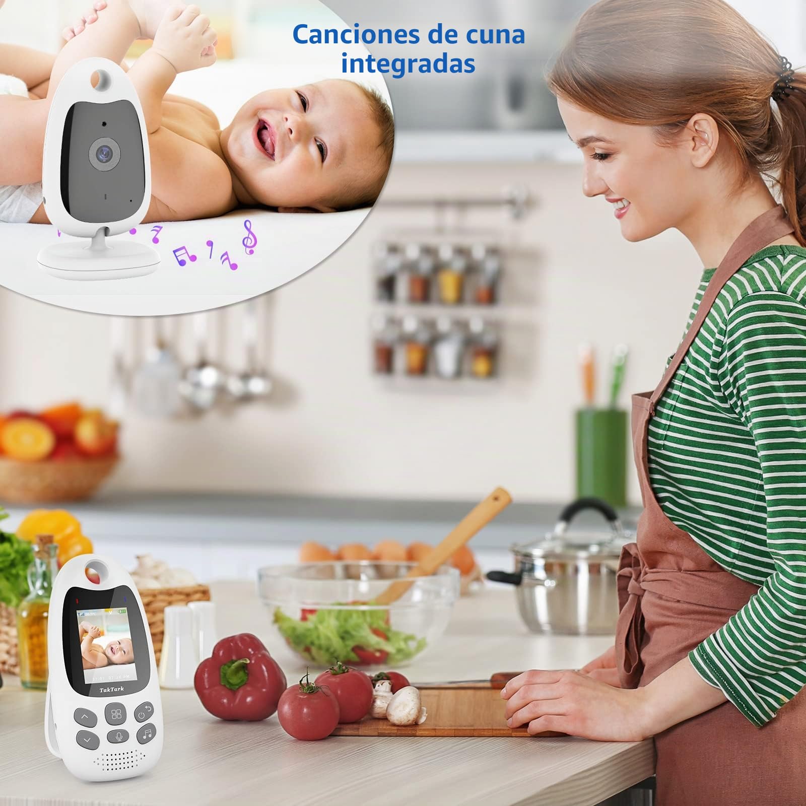 TakTark Vigilabebes con Camara, Inalámbrico Camara Vigilancia Bebe Inteligente Monitor Bebé con LCD 2.0'' y Cámara Visión Nocturna, Comunicación Bidireccional, VOX y Vigilancia de la Temperatura