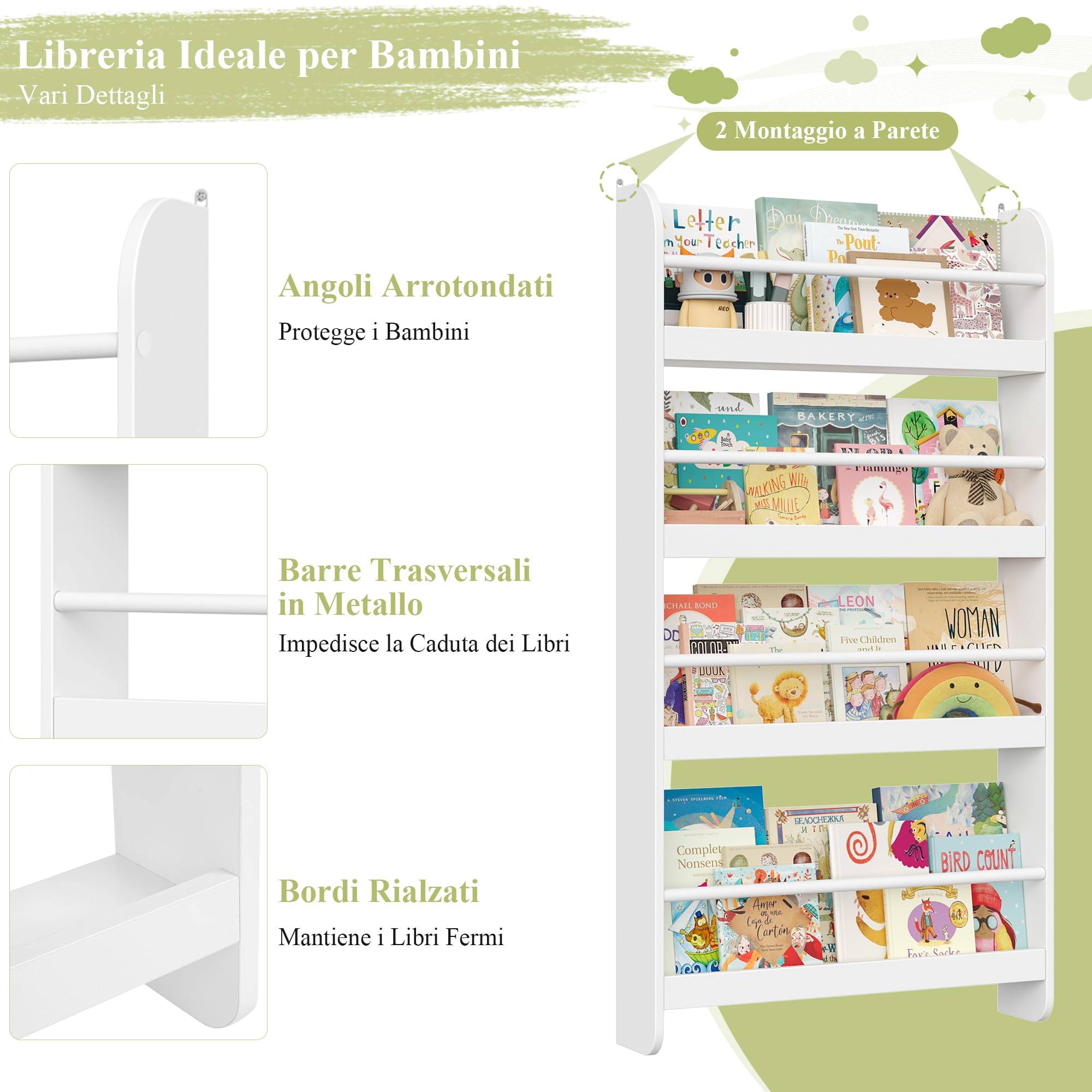 FOREHILL Libreria da Parete per Bambini,Libreria Montessoriana per Bambini,con 4 Scomparti Pensili,Scaffale Porta Libri a Muro per Cameretta e Stanza dei Giochi, Bianco 57×12×111,5cm