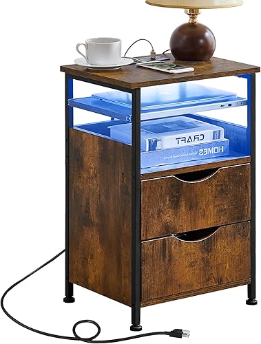 Mesa auxiliar con estación de carga, mesa auxiliar estrecha con 2 cajones, mesita de noche con luz LED de 7 colores, mesita de noche delgada para