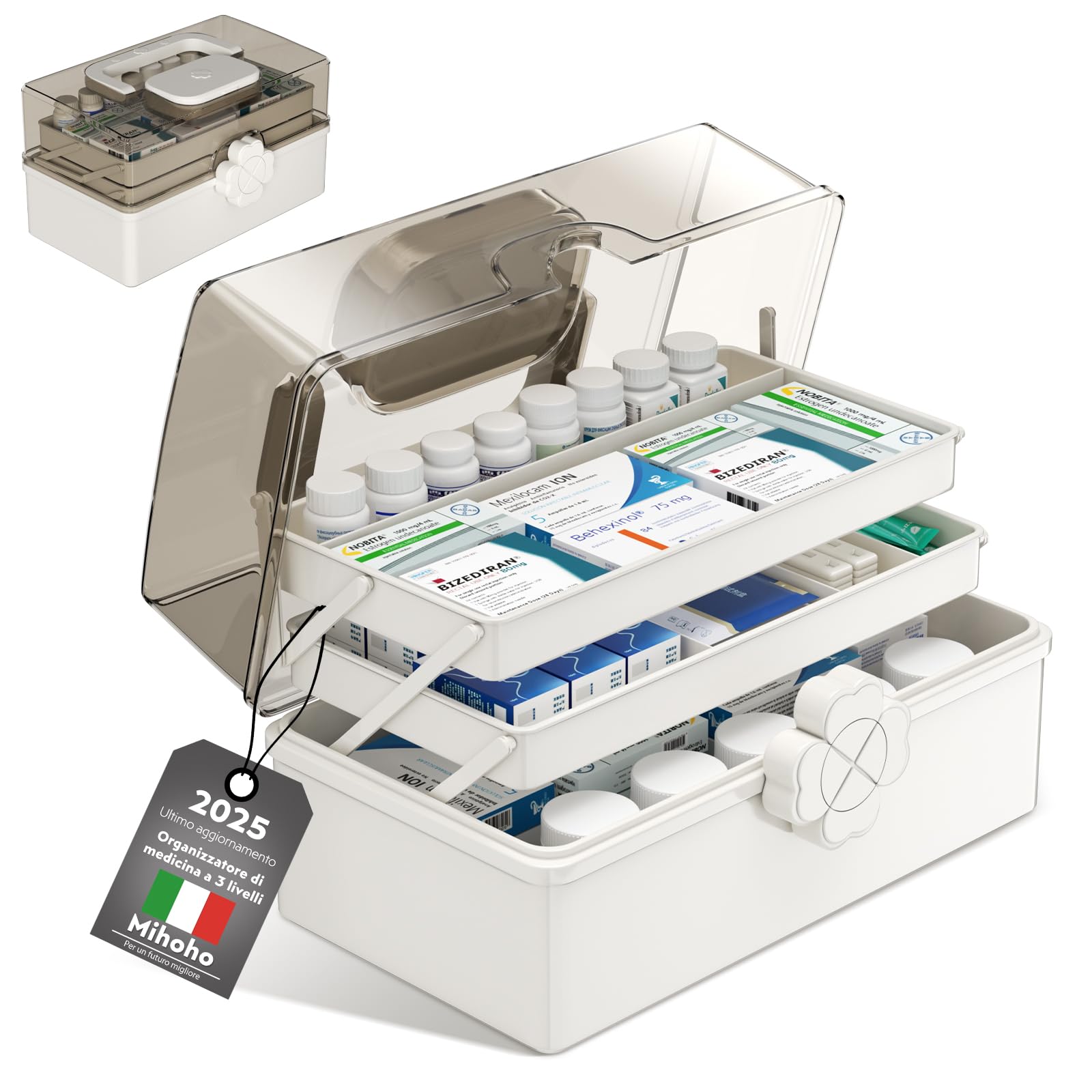 Mihoho Grande scatola per medicinali a 3 strati, organizer per medicinali a 3 livelli, organizer per scatole di immagazzinaggio con scomparti, custodia per kit di emergenza per la famiglia (bianco)
