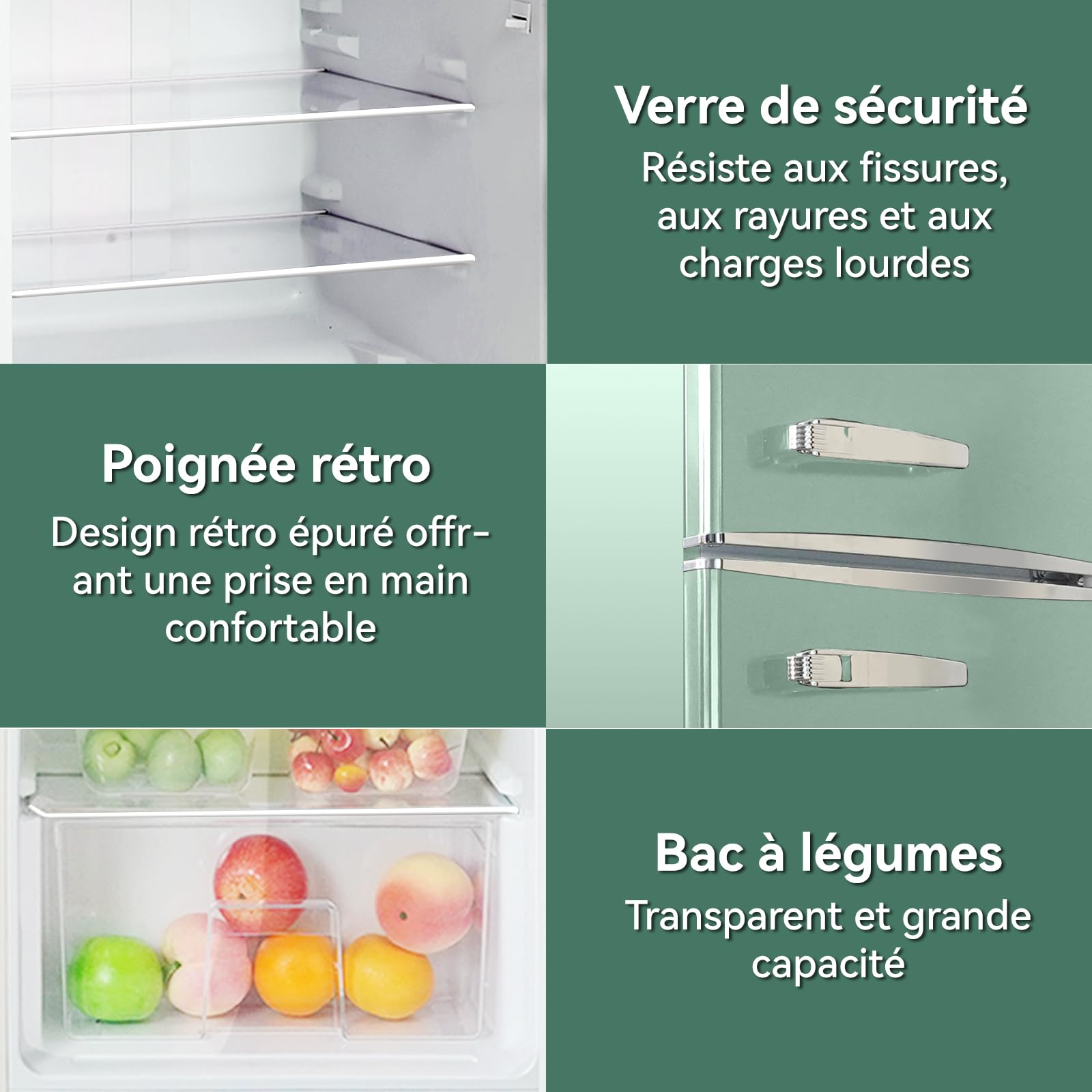 Magictec Frigo vintage rétro réfrigérateur congélateur 120 L (88 L/32 L) Low Frost Combiné Design vert matcha Éclairage LED