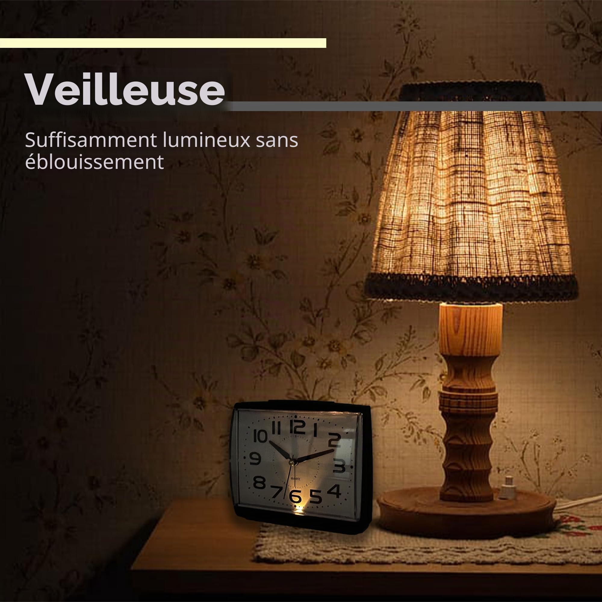 A5 - Réveil silencieux sans tic-tac, grande taille, horloge analogique avec veilleuse, fonction snooze, alimentation par piles, design Art déco, idéal pour toutes décos