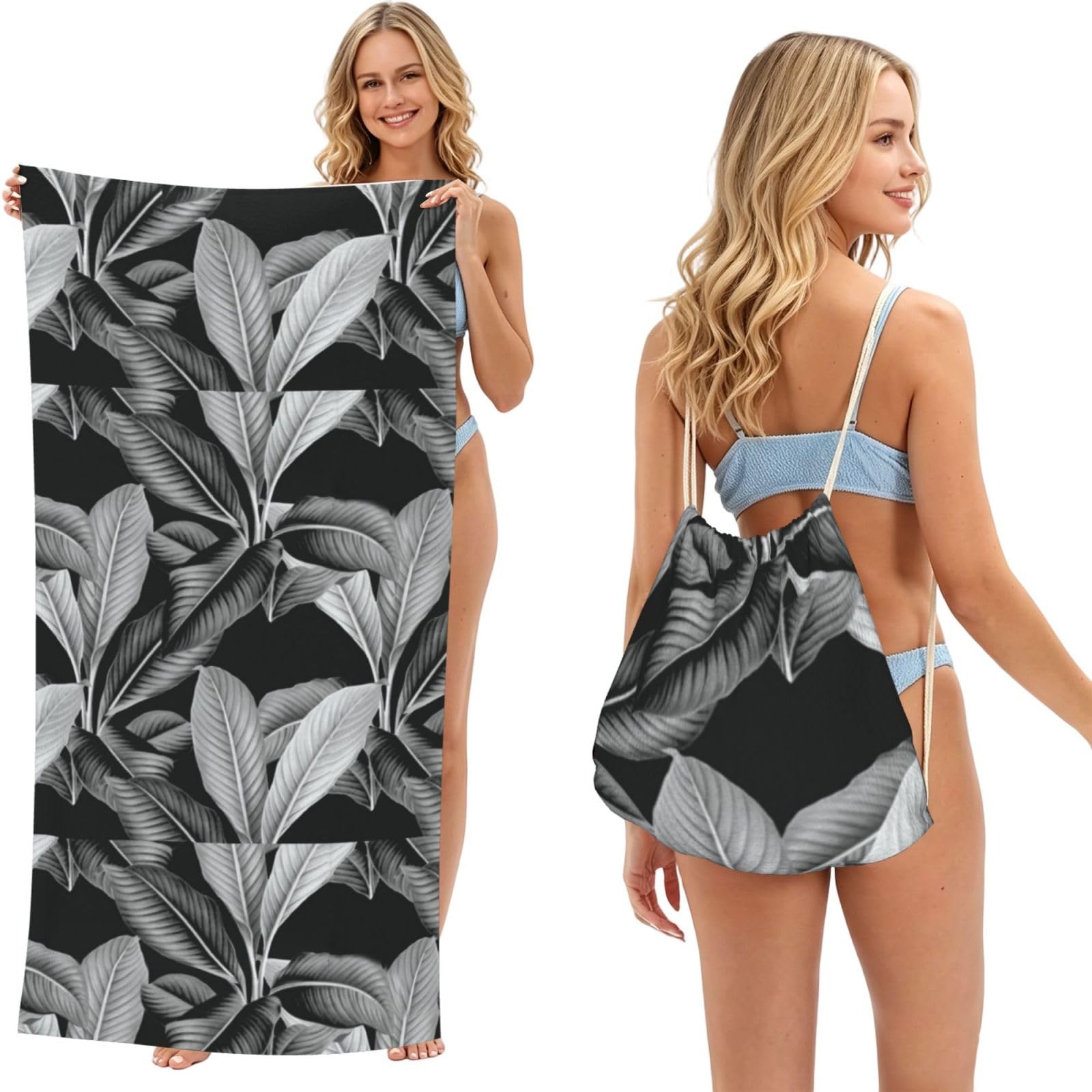 Poadnly As Picture Palm In Palm Black White, 2 In 1 Packable Towel Bag, Beach Towels With Drawstring Backpack For Travel Holiday Camping