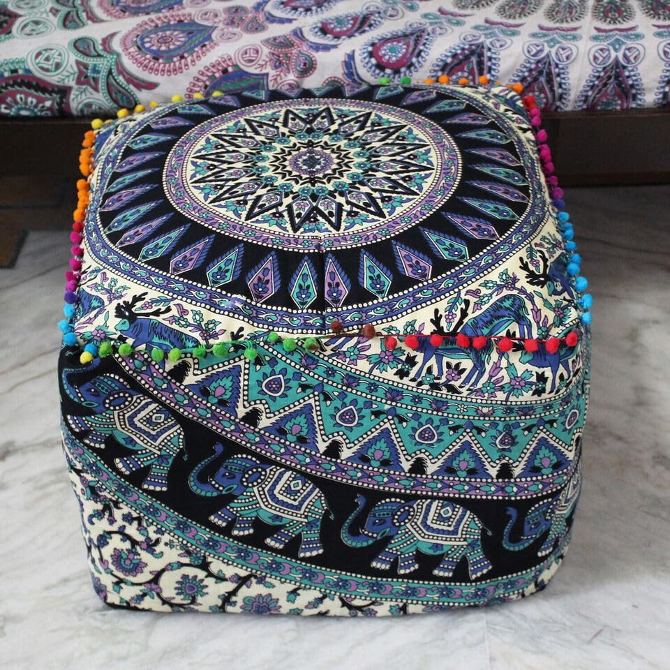 Indian Handmade Mandala | Square Ottoman Pouf Cover | Footstool Seating (Deer Elephant Mandala, 22x22x14)