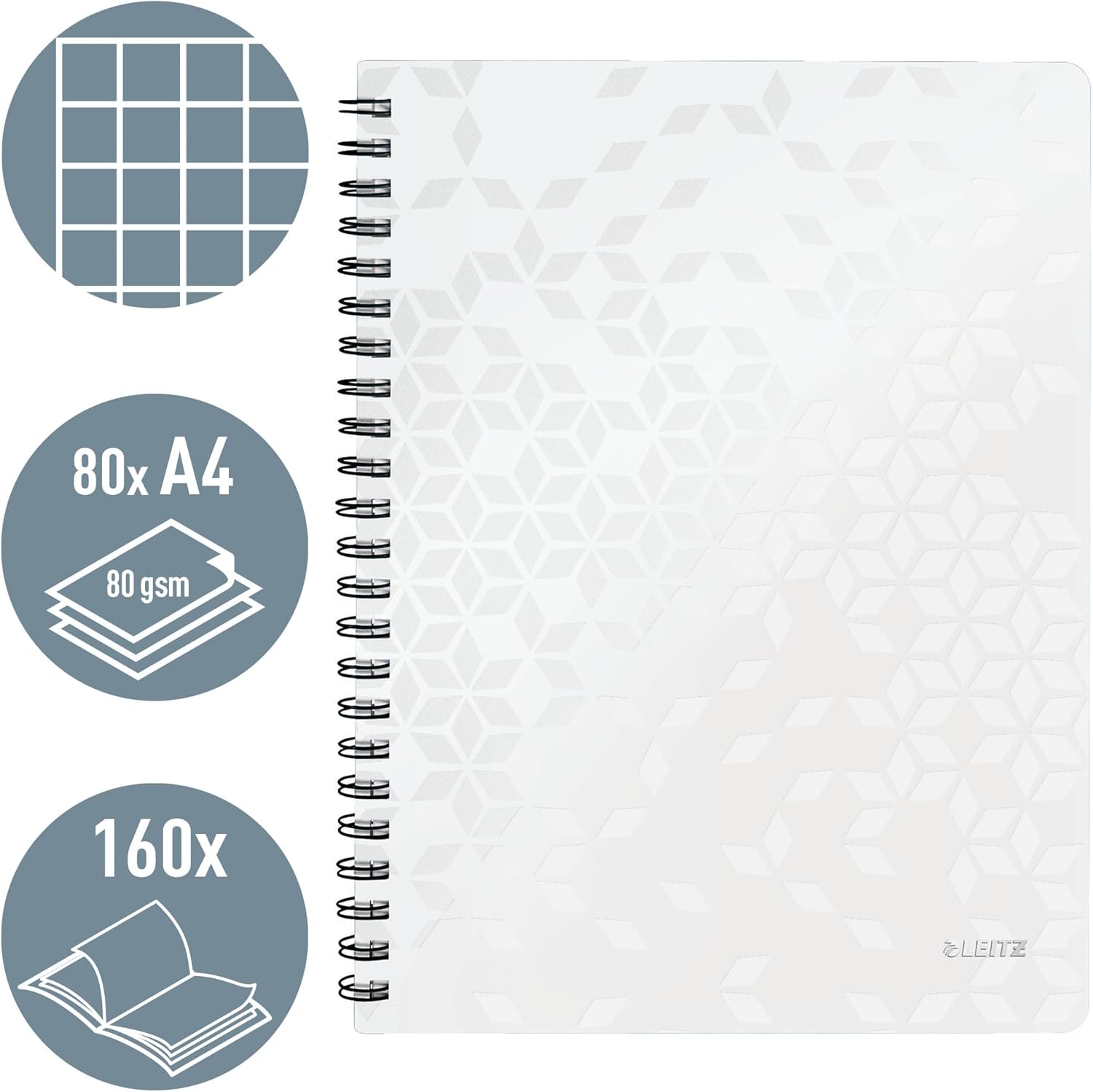Leitz A4 Flexible Cover Notebook, White Wire Bound, 80 Sheets, Squared Paper, 90 gsm Ivory Paper, Wow Range