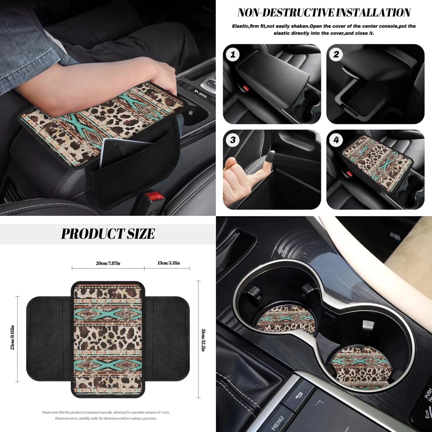 Wanyint Aztec Cow Print Brown Teal 12 Pcs Front Car Seat Cover Set with Bucket Seat Cover Steering Wheel Cover Seat Belt Pad Armrest Cover Coaster Trash Bag Air Vent Bag Rearview Mirror Cover Keychain