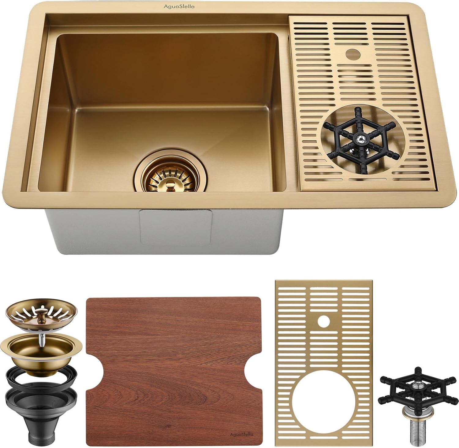 AguaStella AS15XGC Brushed Gold Brightly Bar Sink with Glass Rinser Stainless Steel Undermount Prep Kitchen Sink 23-1/4 x 14 Inches Single Bowl with Cutting Board