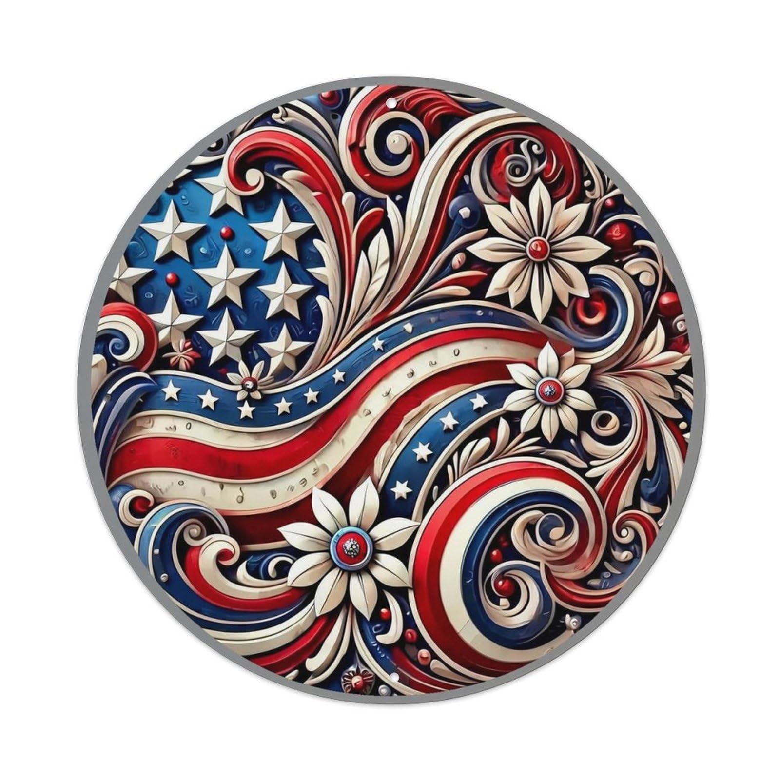 American Flag Floral Swirls Metal Tin Sign Plaque