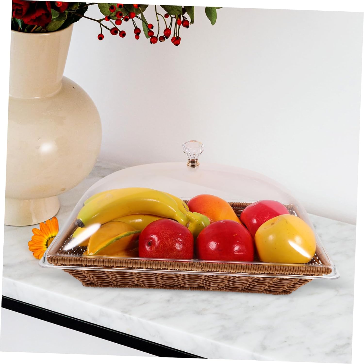 1 Set Woven Bread Basket with Clear Lid Versatile Tabletop Food Serving Basket for Snacks Fruits Vegetables and Desserts for Parties and Gatherings