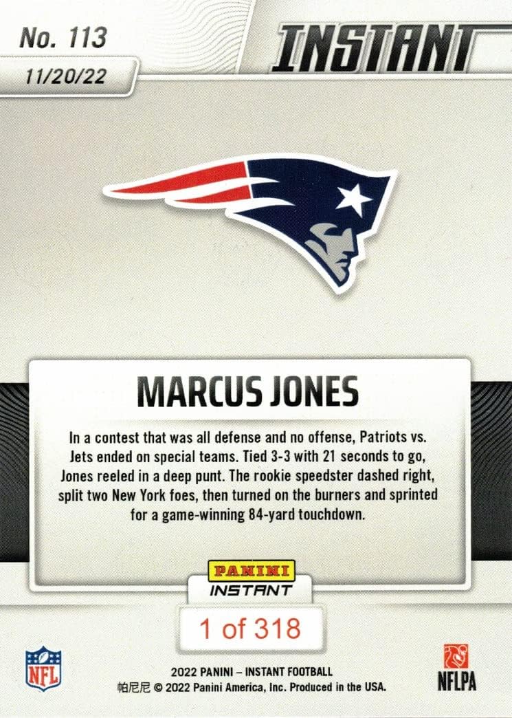 2022 Panini Instant Football #113 Marcus Jones Rookie Card Patriots - Only 318 made!
