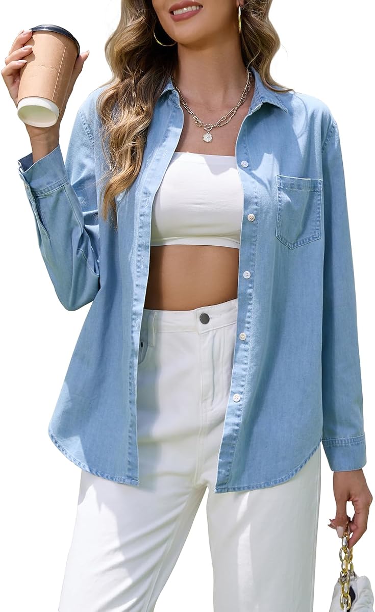 Camisa vaquera Mujer Blusa de cambray con botones de manga larga | Tops casuales de mezclilla occidental, con bolsillos, tela suave y ligera, con cuello, uso diario