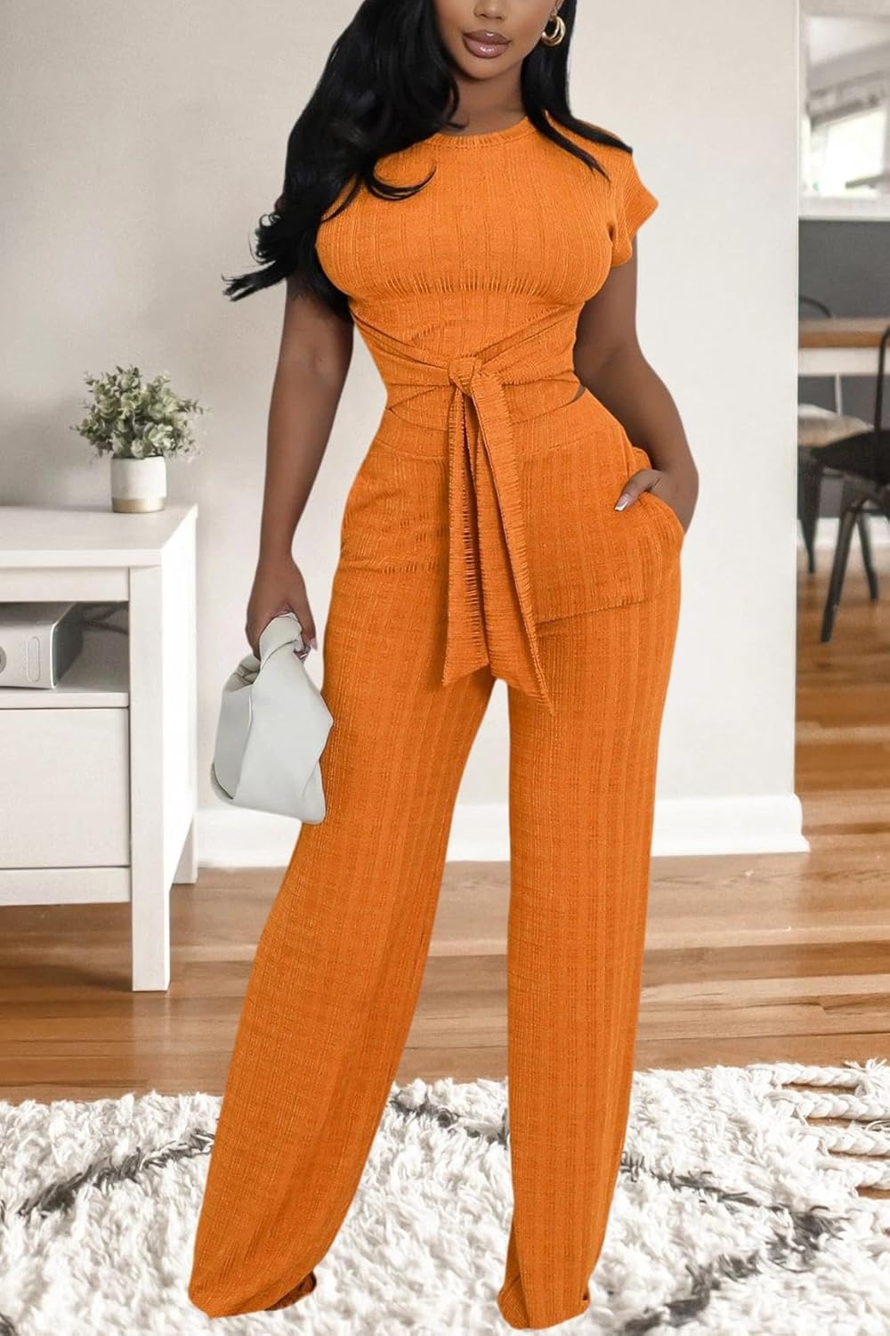 Women's Casual 2 Piece Outfits Round Neck Short Sleeve Stretchy Pullovers Casual Crop Tops Long Pant Sets Jumpsuits - Image 3