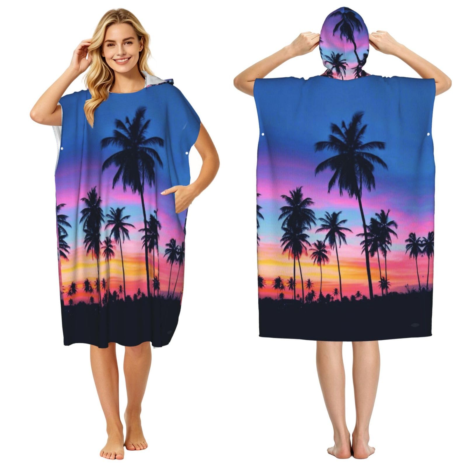 EZDLOWVBA Palm Trees Print Hooded Poncho Microfiber Beach Towel,Adult Women & Men Changing Robe,Lightweight Summer Surf Swim Bath Poncho Towel