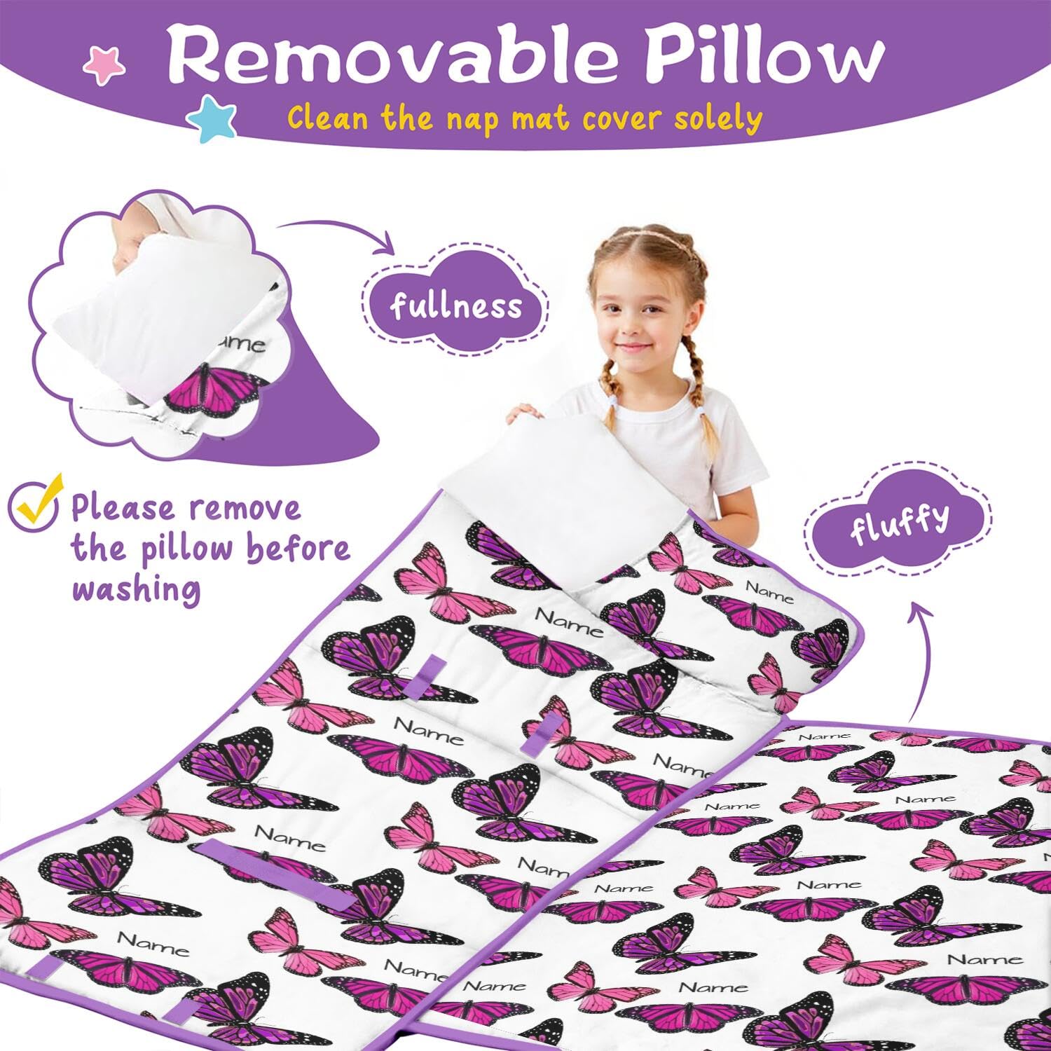Personalized Toddler Nap Mat for Preschool Daycare Kindergarten, Custom Name Kids Nap Mat with Pillow and Blanket, Butterfly Sleeping Bag for Girls, Toddlers Napping Sack