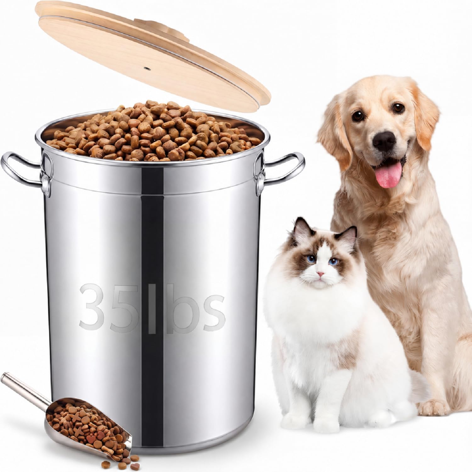Maxdot 35 Lbs Stainless Steel Food Storage Container for Dog with Airtight Bamboo Lid Spoon &amp; Wooden Claw Handle, Large Metal Pet Food Bin to Keep Fresh Easy Clean &amp; Use for Dog Multiple Pet