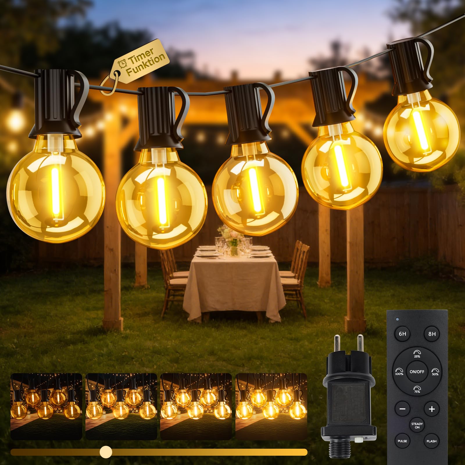 Catena Luminosa Esterno 20M, Impermeabile Luci da Esterno Giardino, LED Lampadine da Esterno Giardino Dimmerabile con Telecomando, Filo Luci da Esterno per Festival Decorative , Matrimoni, Terrazze