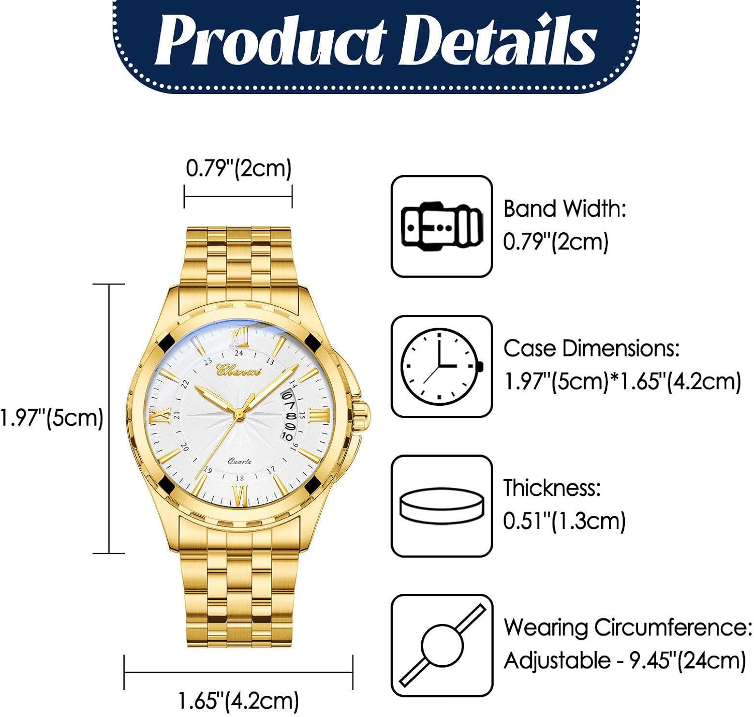 JewelryWe Gold Watches for Men: Detachable Stainless Steel Strap Quartz Analog Luminous Hands 3 ATM Waterproof Business Date Wristwatch for Formal Casual Occasions Christmas for Valentine's Day