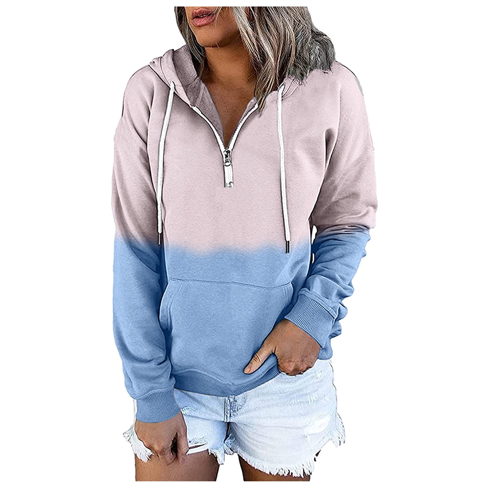 Womens Tie Dye Color Block Sweatshirt Long Sleeve Lightweight Zip Up Hoodie  1/4 Zipper Fashion V Neck Pullovers Tops