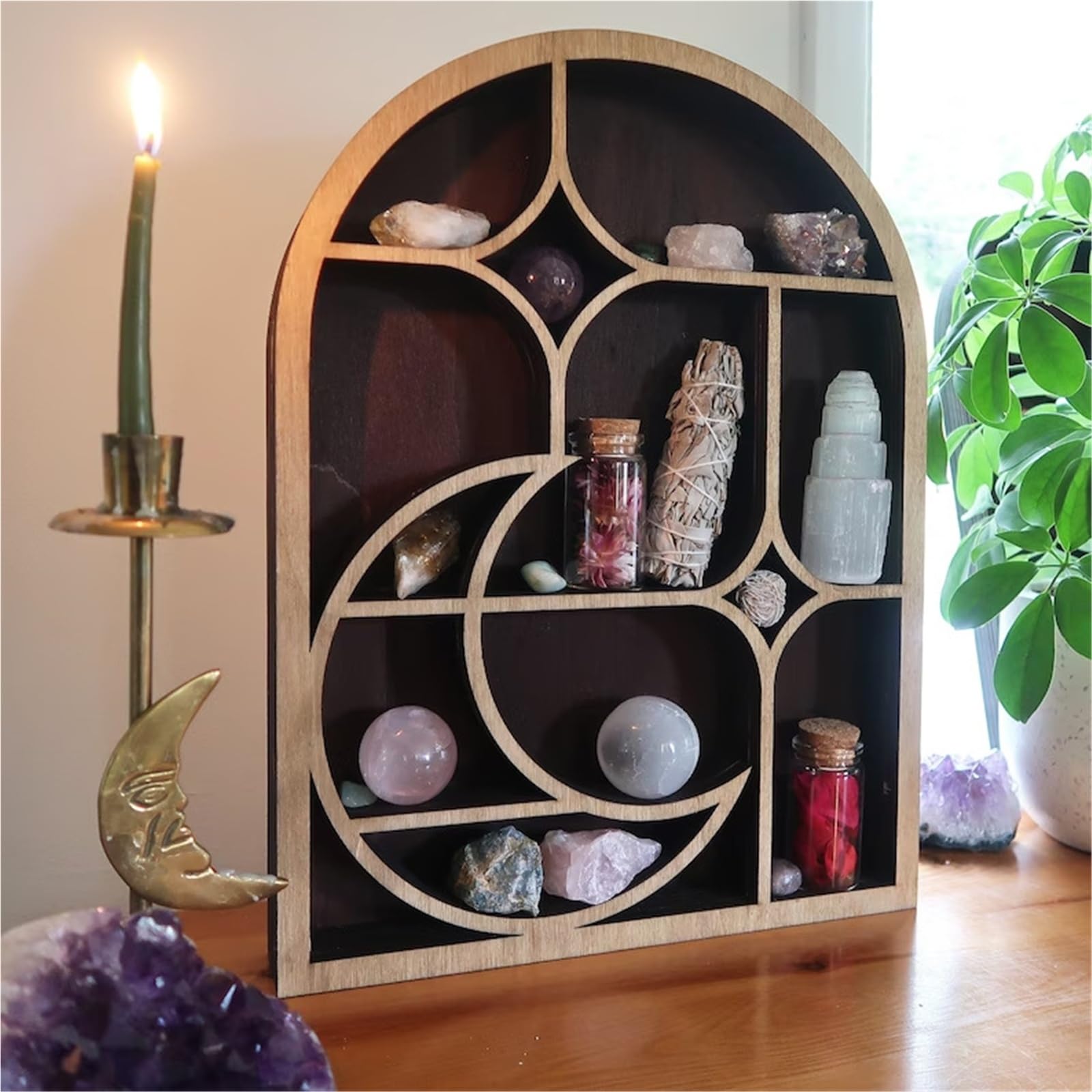 Estante Flotante De Pared En Arco Para Cristales Soporte Boho Para Aceites