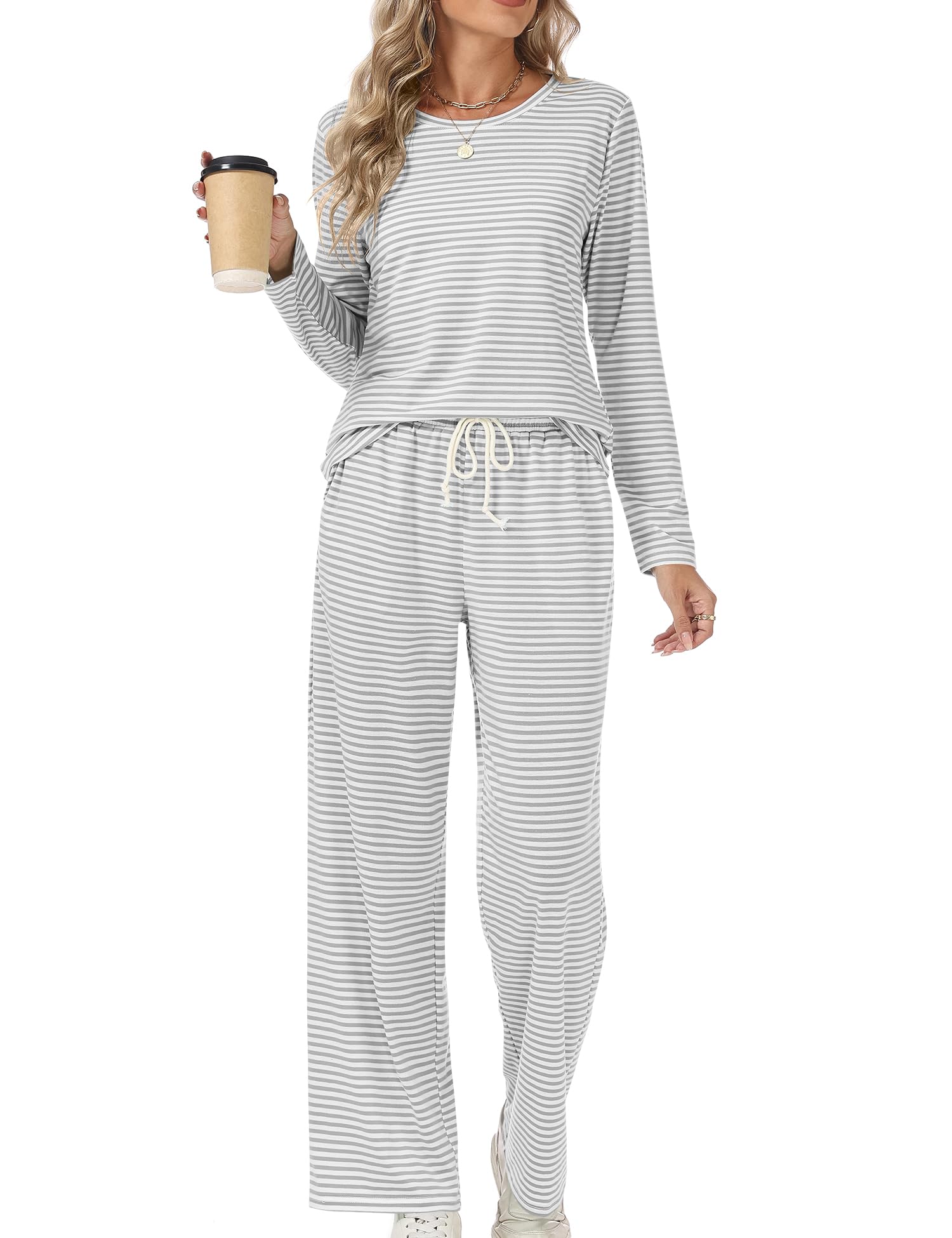 Rapbin Schlafanzug Damen Lang Pyjama Set Zweiteiliger Nachtwäsche Loungewear Damen Schlafen Oberteil und Schlafanzughose mit Taschen