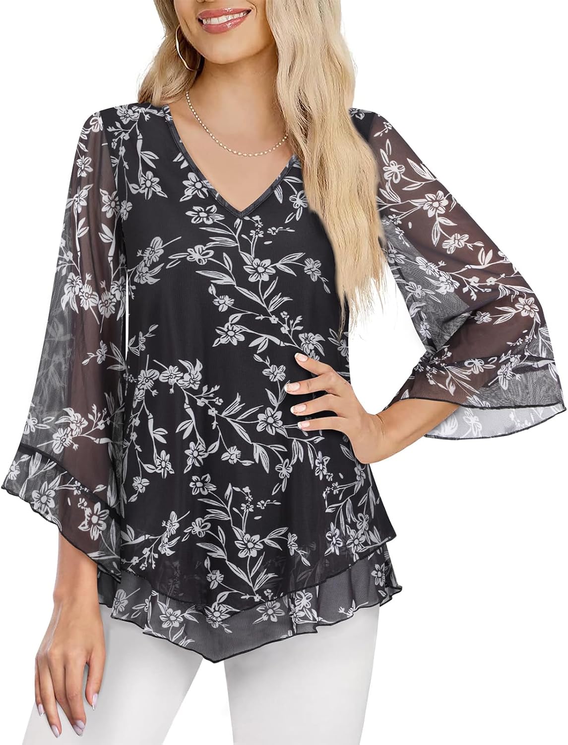 Viracy Womens Dressy Blouse V Neck Double Layers Elastic Mesh Casual Flowy Work Shirts Ruffle 3/4 Flared Sleeve Tunic Tops - Image 2