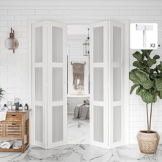BARNER HOME Bi-Fold Doors, for 60"x 80" (Double 30" x 80" Doors) Opening, 3-lite Tempered Frosted Glass Panel, MDF, White Closet Door