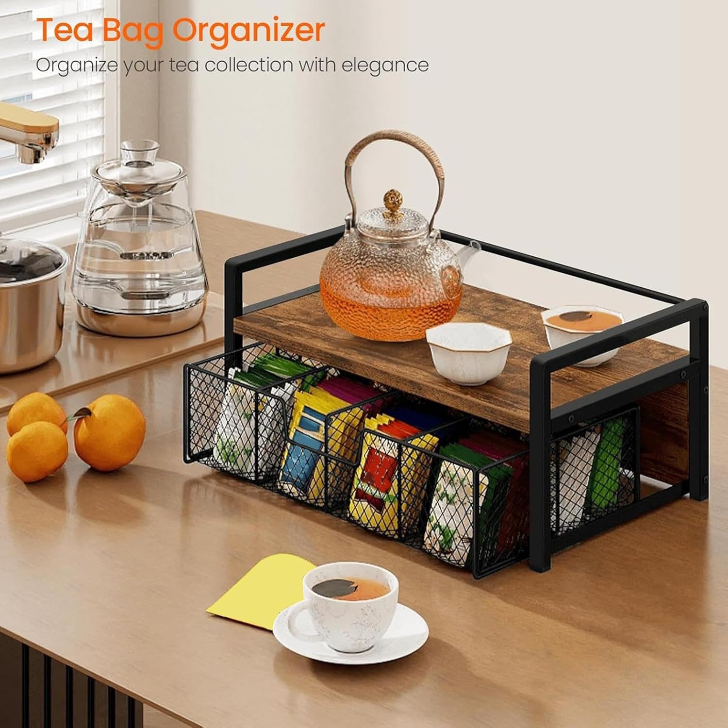 Rustic Tea Bag Organizer, Vintage Teabag Storage Box, Drawer Container with Anti Slip Base, Wooden Tea Packet Holder, Countertop Classic Teabag Organizer, Kitchen Storage for Home Dorm