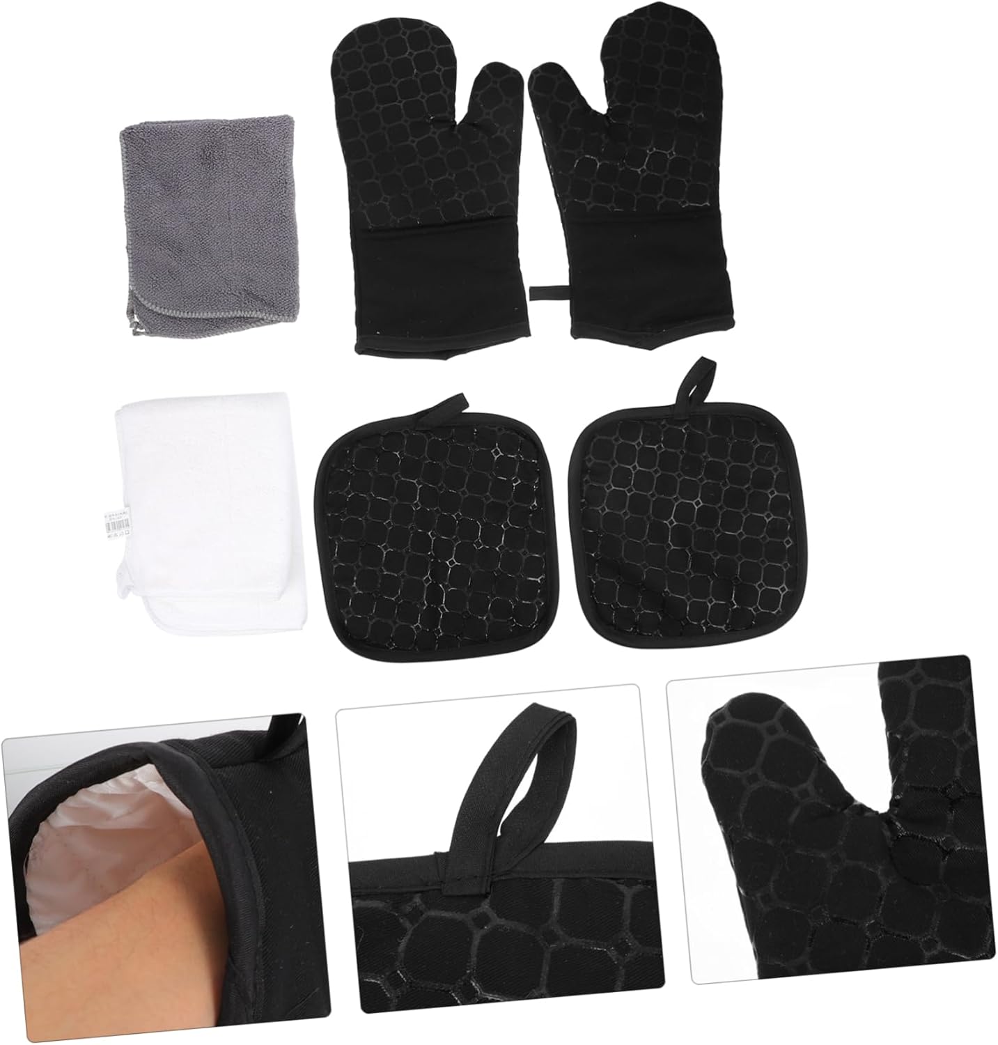 2sets Heat Insulation Mittens Non-Slip Kitchen Towels Hot Pads for Cooking Baking Heat Resistant Protection Black Mitts Pot Holders Towels
