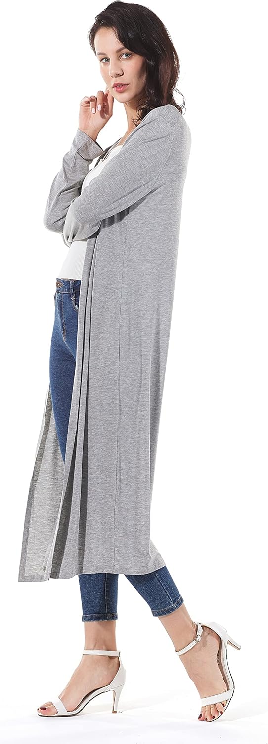 AMGLISE Women's Solid Sweater Essential Duster Long Cascading Open Front Lightweight Blue Cardigan Large Grey