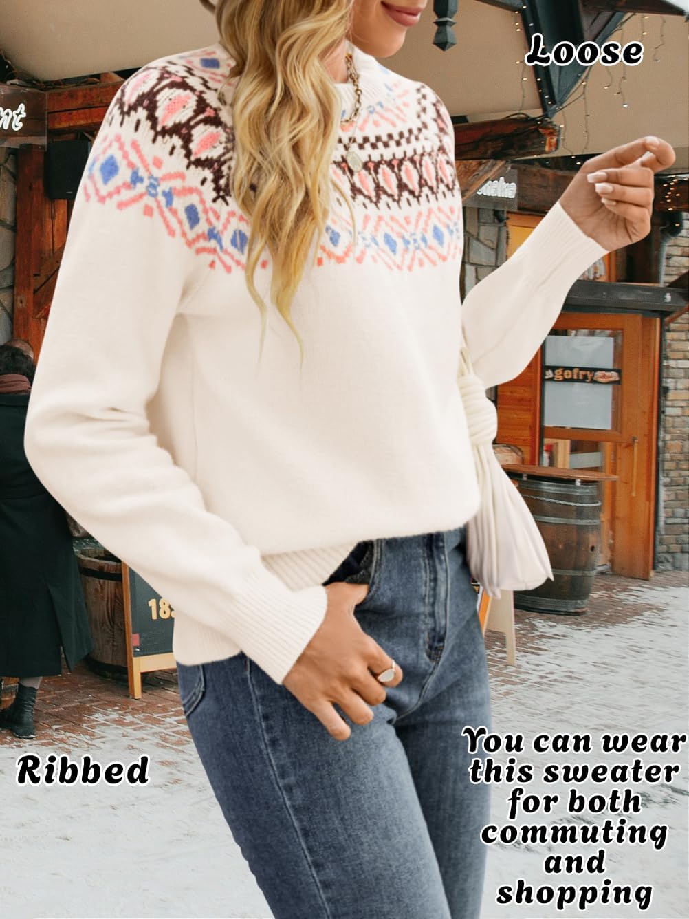 Fair Isle Pullover Sweaters, Crew Neck Chunky Knit, Winter Clothing Holiday, Vintage Crochet Fall Tops for Women - Image 5