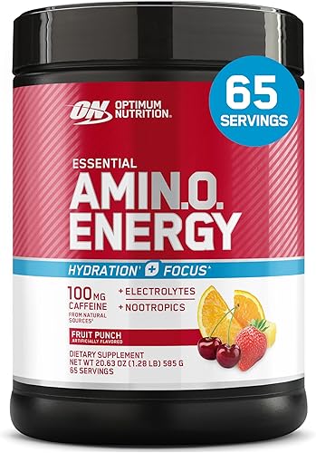 Optimum Nutrition Amino Energy Powder Plus Focus, con BCAA, electrolitos y cafeína, ponche de frutas, 65 porciones (el embalaje puede variar)