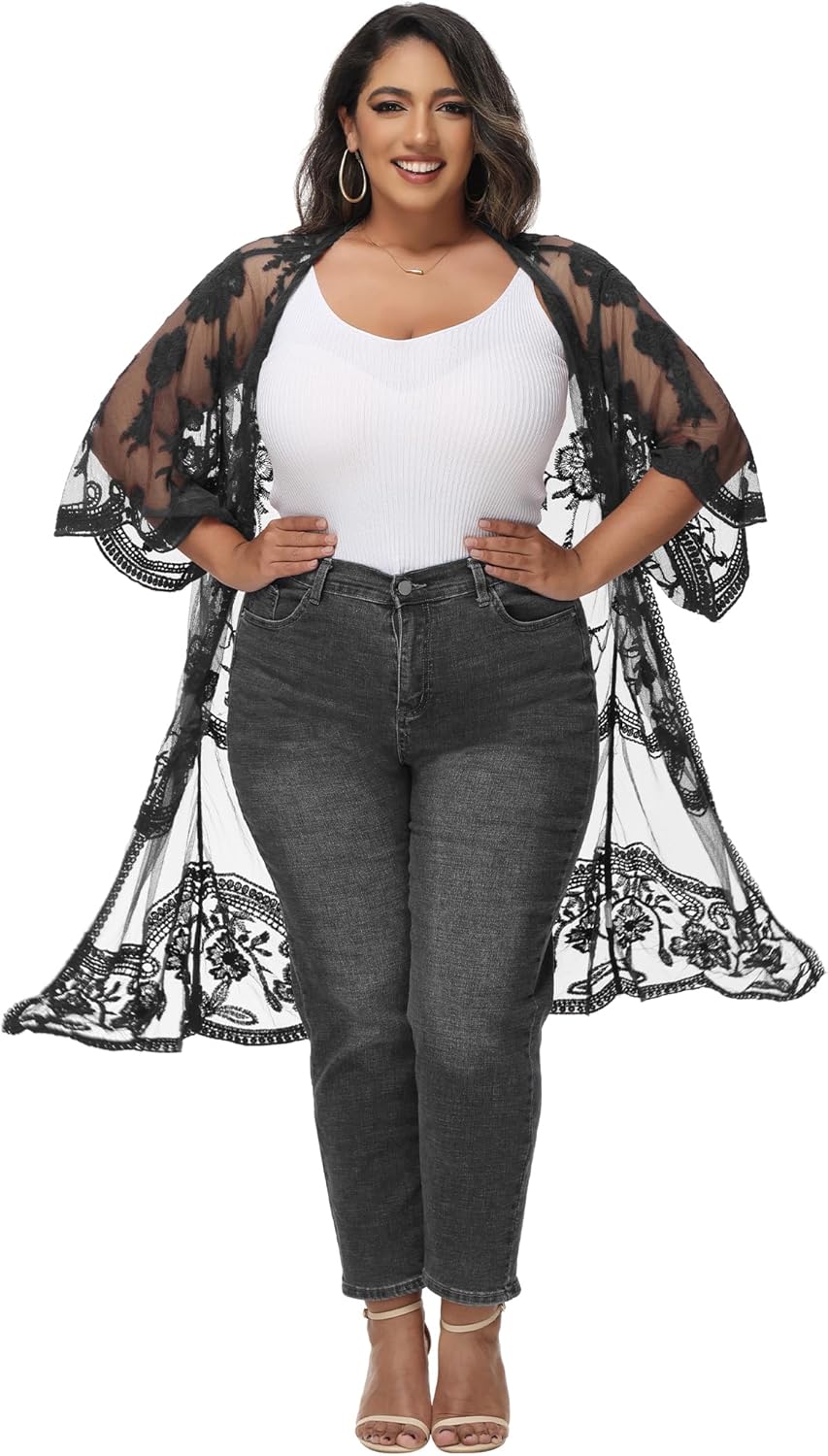 Anna-Kaci Women's Plus Size Lace Cardigan Embroidered Long Kimono Dusters with Half Sleeves