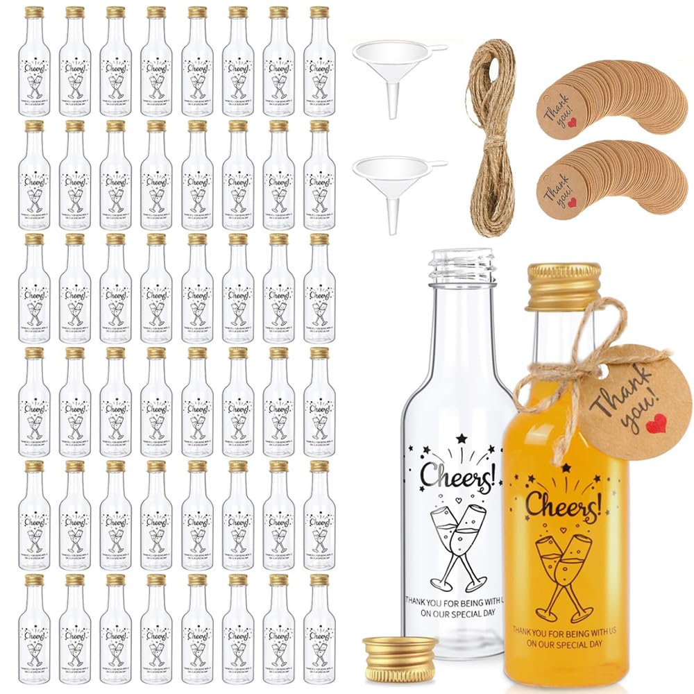 leobodecap 50 PCS Miniature Bottles, Empty Mini Liquor Bottle with Lids, Leak Proof Small Glass Bottles for Juice, Oils, Liquor, Small Plastic Shot Bottles for Weddings, Parties