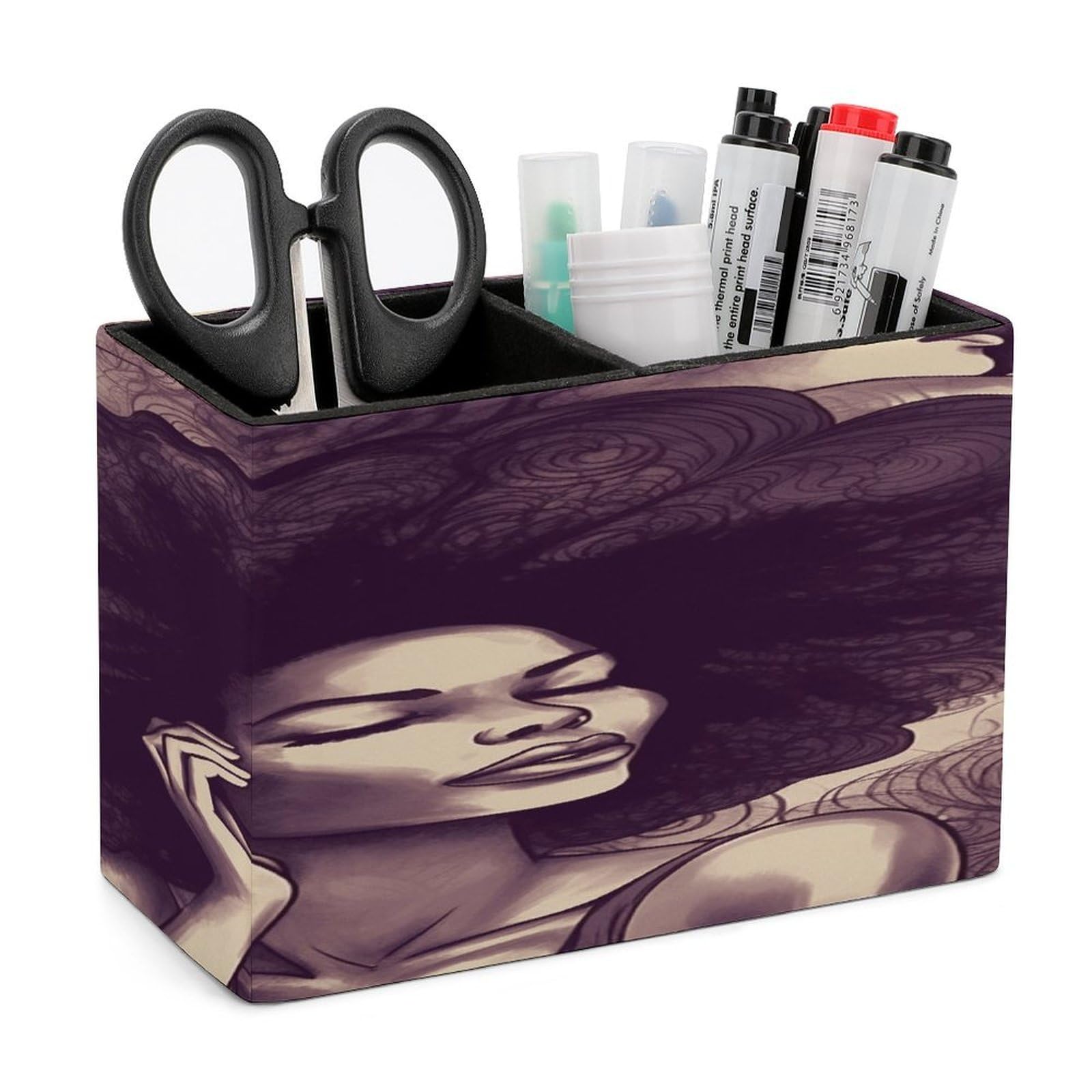 VstaDank African Hair Black Women Pencil Holder for Desk Organizer 2 Compartments Pen Cup Leather Square Pen Holder Pencil Cup Stand Makeup Brush Holders for Desktop Organizer Storage Case