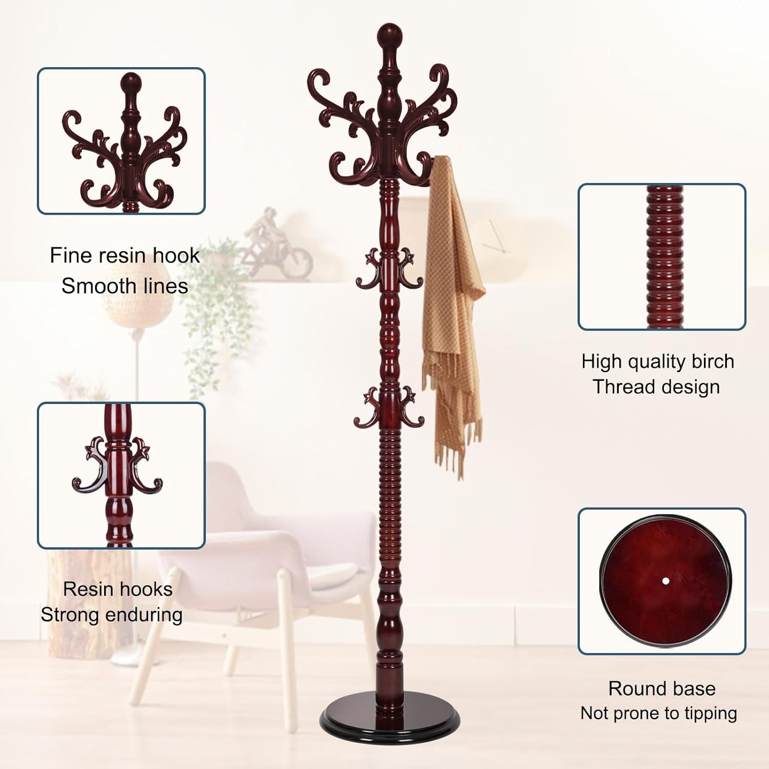 Wooden Coat Rack Stand, Coat Rack Freestanding with Sturdy Round Base, Adjustable Height Tree Coat Racks Stand for Home Bedroom Hallway Entryway Office