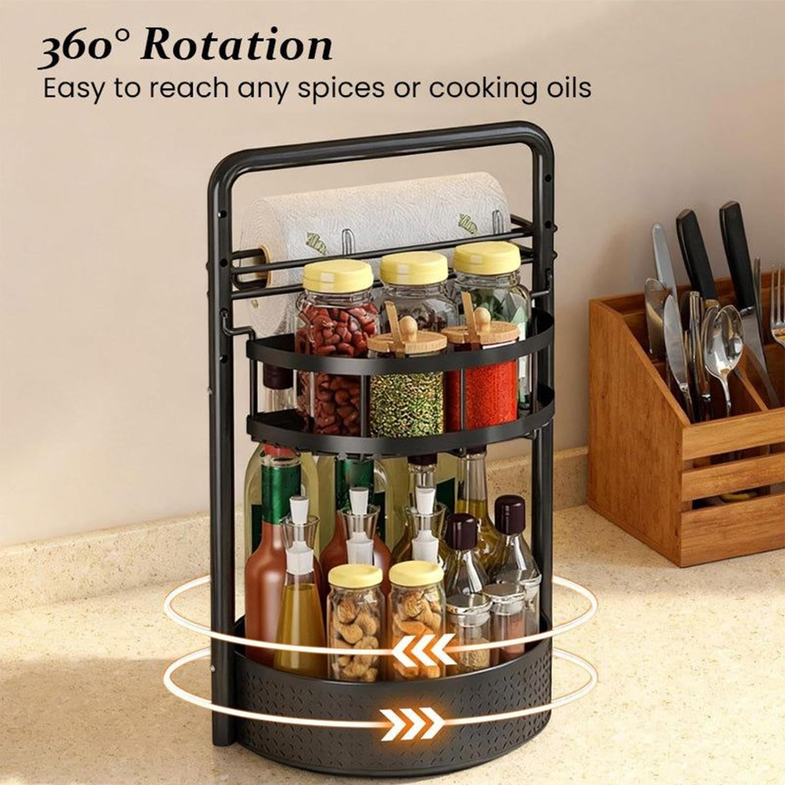 Estante de condimentos – Metal, 28 x 25 x 45 cm, organizador de 2 niveles | Soporte giratorio que ahorra espacio, solución de organización de cocina, estante giratorio para condimentos para encimeras