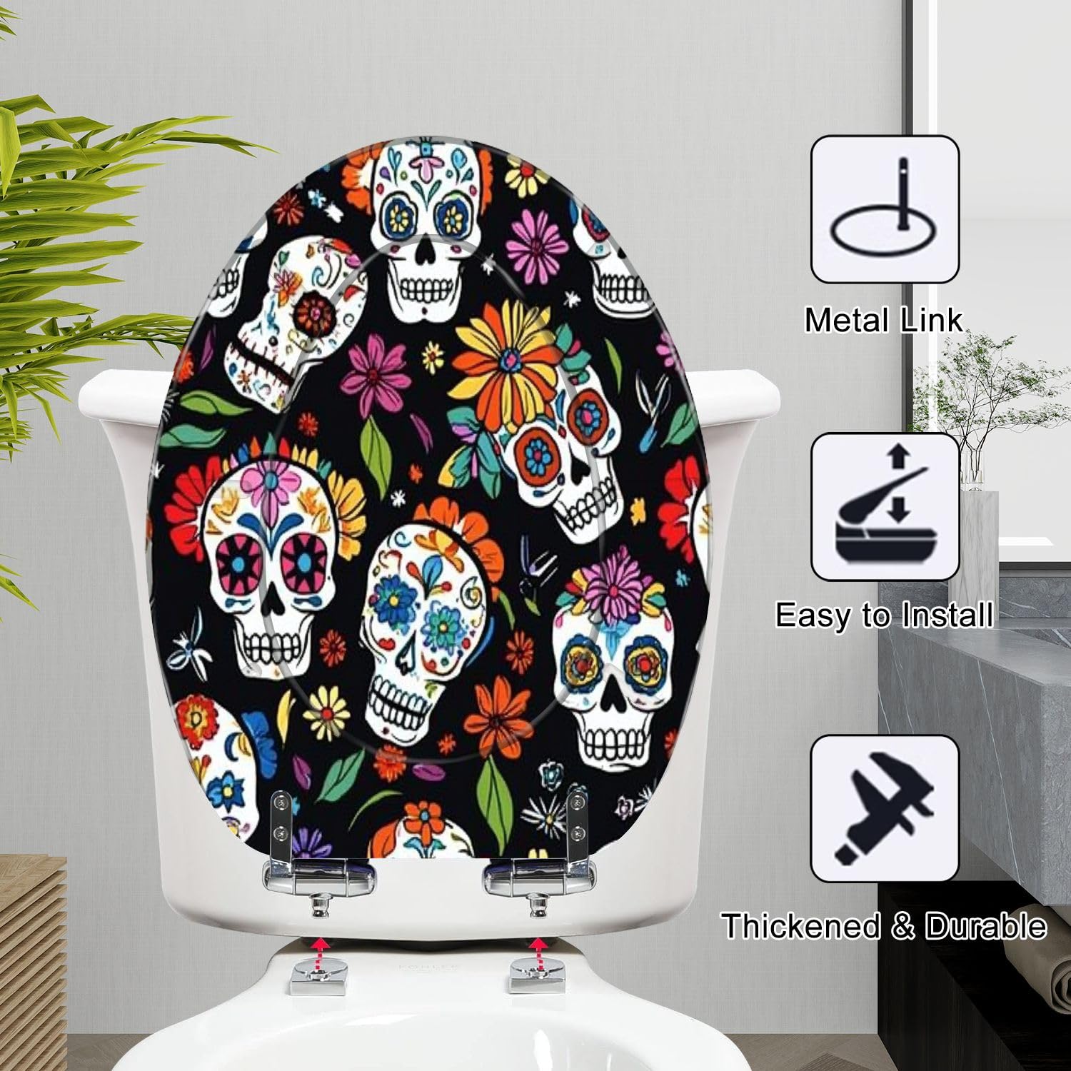 Asiento de inodoro con estampado del Día de Muertos y Halloween mexicano, de resina, con tapa de cierre suave y silencioso, bisagras de liberación rápida y fácil limpieza.