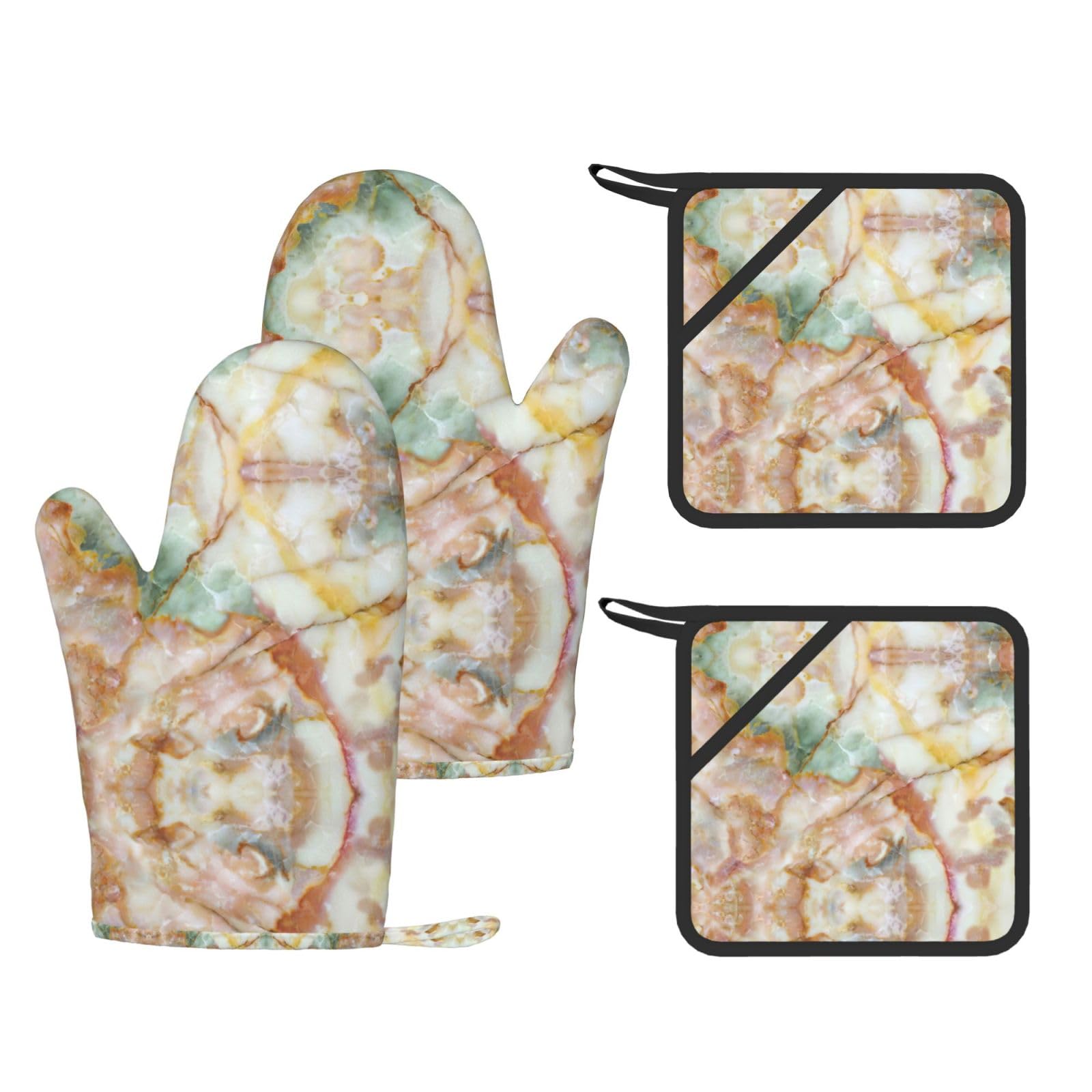 Golden Marble Trendy Printed Kitchen Set with Heat Resistant Gloves & Non-Slip Hot Pads for Baking & Grilling